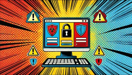 ilustración minimalista de seguridad online, arte pop, colores vibrantes, sitios web falsos, detección de estafas