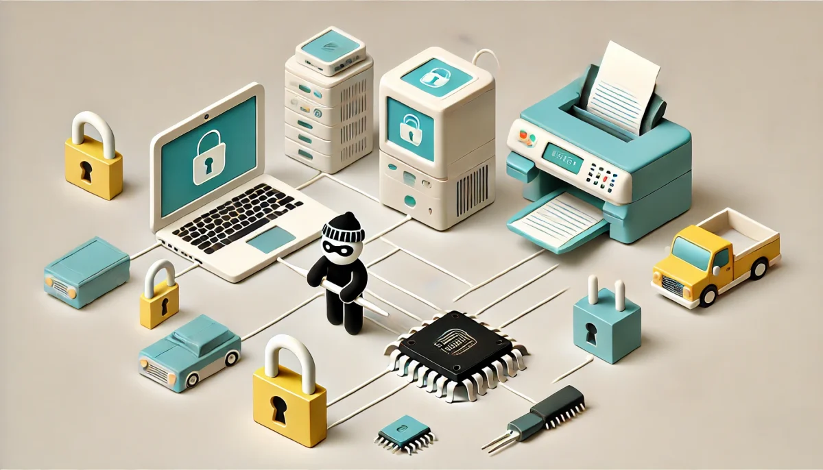 Una imagen minimalista y divertida que ilustra las amenazas de ciberseguridad a la cadena de suministro de hardware. La ilustración muestra un dibujo simplificado de una laptop, una impresora y un microchip conectados por líneas delgadas que simbolizan una red. Un personaje pequeño y caricaturesco representando a un hacker con una máscara y una ganzúa intenta manipular el microchip. El fondo es limpio y claro, manteniendo el foco en los elementos centrales. El estilo es juguetón y ligero, utilizando formas simples y colores brillantes.