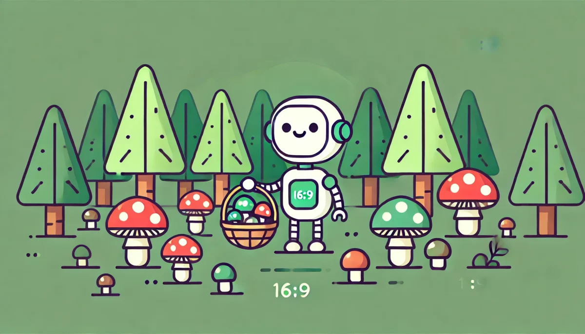 La ilustración muestra un bosque de pinos con setas, un robot amigable sosteniendo una cesta de setas, simbolizando la unión de la tecnología y la naturaleza en la gestión sostenible de los recursos micológicos.