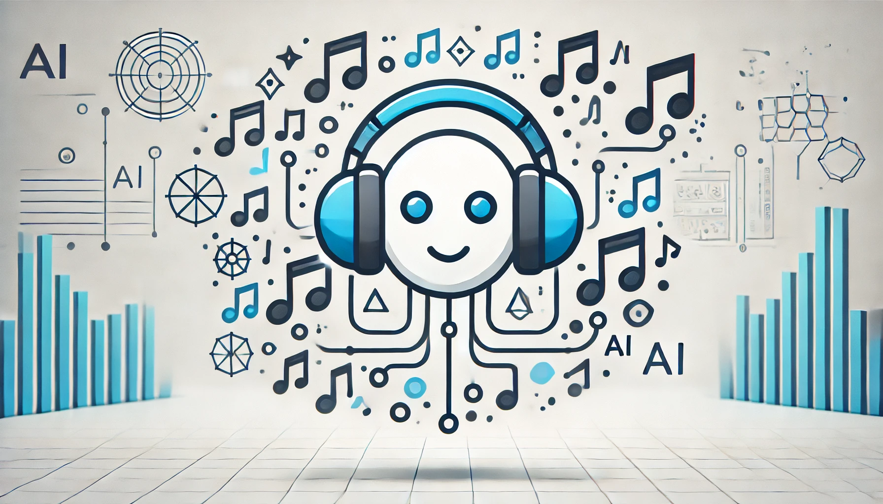 Una imagen minimalista y divertida que muestra unos auriculares con notas musicales alrededor, representando la música generada por inteligencia artificial. El fondo es sencillo y limpio, con un toque de elementos digitales que sugieren tecnología.