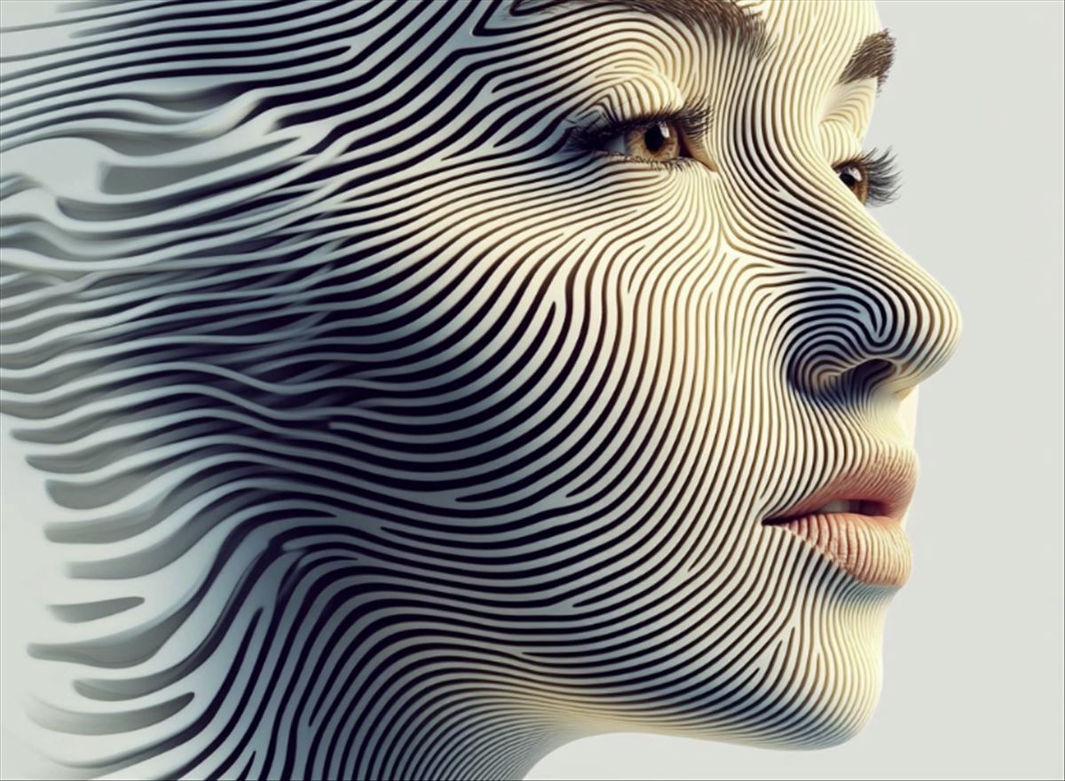 La imagen muestra un concepto minimalista y divertido del proceso de generación de retratos por inteligencia artificial. En el centro, se ve un rostro humano estilizado siendo transformado digitalmente por líneas abstractas y formas geométricas suaves, representando la modificación automática de características faciales. Los colores pasteles suaves dominan la escena, con un fondo limpio y líneas curvas que transmiten un ambiente amigable y accesible, ideal para reflejar la simplicidad y facilidad de uso de las herramientas de generación de retratos con IA.