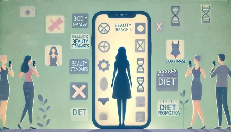 Imagen minimalista que muestra a una joven frente a una pantalla de smartphone, destacando el impacto de las redes sociales en los estándares de belleza y la imagen corporal. Ideal para discutir el impacto de plataformas como TikTok en la percepción de uno mismo.