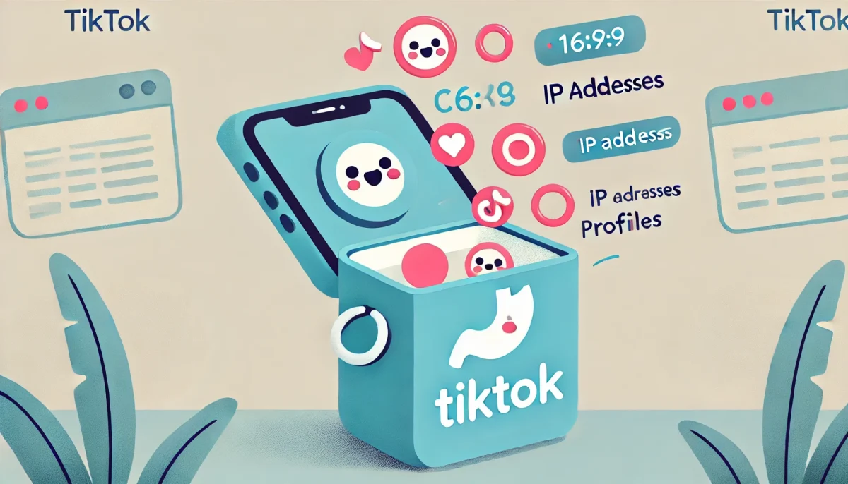 Una ilustración minimalista y divertida que representa a TikTok recolectando datos de niños. La imagen muestra un teléfono con el logo de TikTok y pequeños íconos juguetones de datos como cookies, direcciones IP y perfiles de usuario siendo recolectados en una caja de almacenamiento. El fondo es limpio y claro para mantener el enfoque en el teléfono y los íconos de datos.