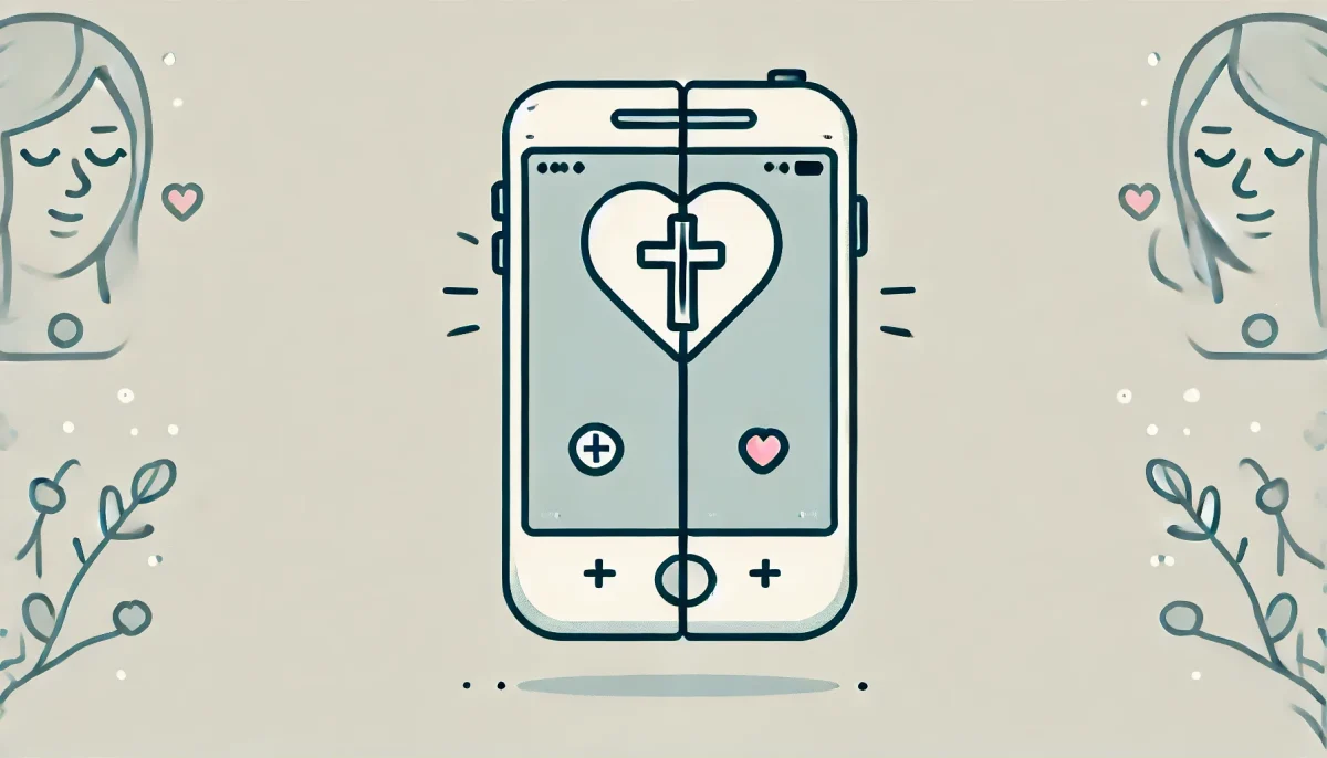 Ilustración minimalista y divertida de dos smartphones enfrentados con un corazón en medio. Cada teléfono tiene un icono simple que representa una cruz cristiana en la pantalla. El fondo es claro con colores pastel sutiles.