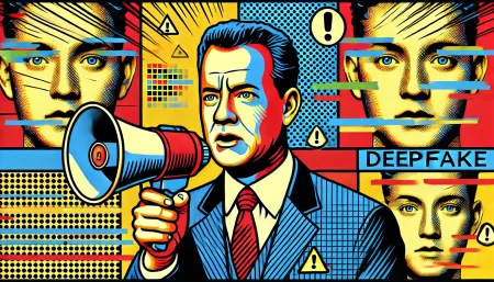 Ilustración minimalista en estilo pop art de Tom Hanks alertando sobre estafas deepfake en internet
