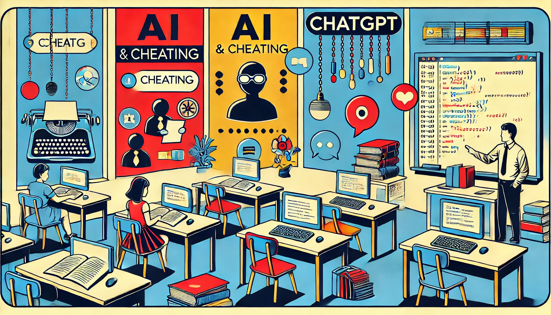 Ilustración en estilo pop art que muestra a una IA haciendo trampa en las escuelas con elementos vibrantes en el aula y contrastes audaces, que resaltan los desafíos de ChatGPT en la educación