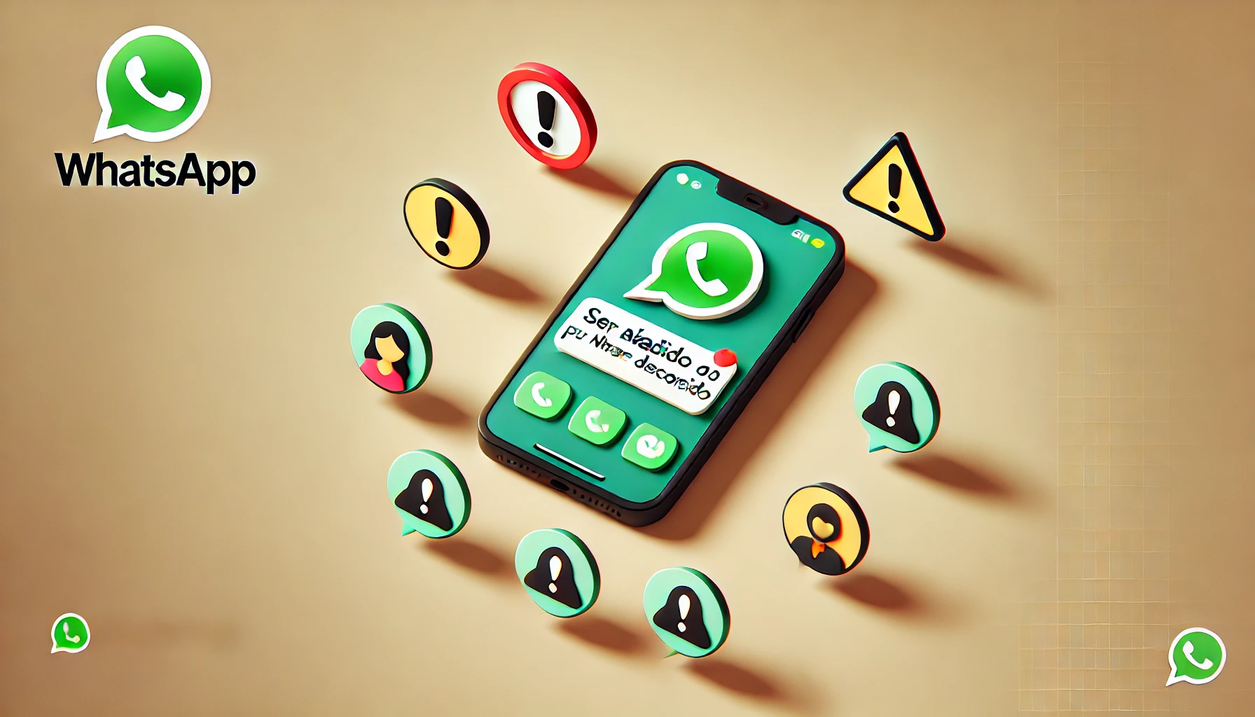 Imagen minimalista de un teléfono móvil con WhatsApp abierto mostrando una notificación de ser añadido a un grupo por un número desconocido. Alrededor, íconos de alerta y estafas representan el peligro. Aprende cómo proteger tu privacidad en WhatsApp.