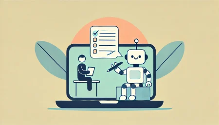 Una ilustración minimalista y divertida que muestra a un robot amigable sentado junto a un portátil, ayudando a una persona a escribir en el portátil. El fondo es simple con colores claros, resaltando al robot y al portátil como el enfoque principal.