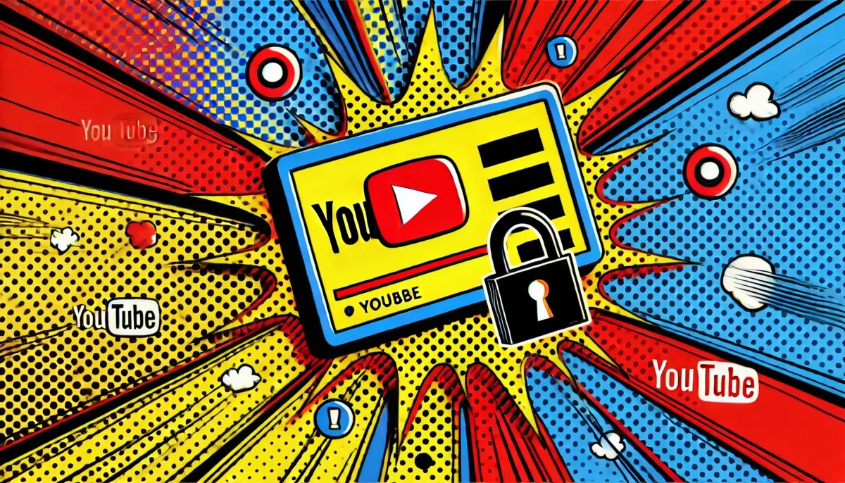 Ilustración en estilo pop art de un canal de YouTube hackeado con colores primarios vibrantes y contornos negros llamativos, que captura la tensión de la ciberseguridad en una estética de cómic.