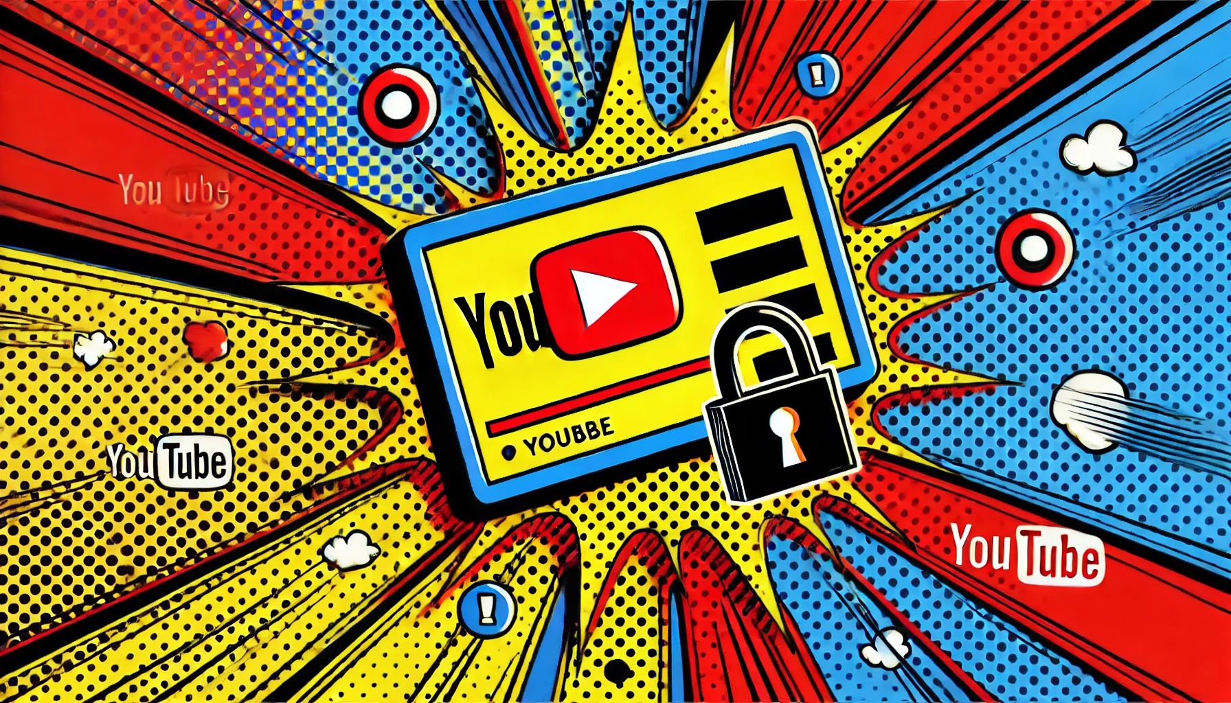 Ilustración en estilo pop art de un canal de YouTube hackeado con colores primarios vibrantes y contornos negros llamativos, que captura la tensión de la ciberseguridad en una estética de cómic.