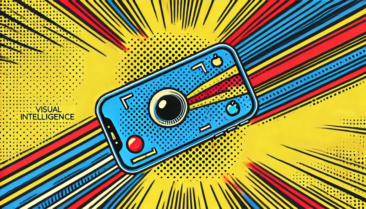 Ilustración de Visual Intelligence de Apple en estilo pop art para iPhone 16