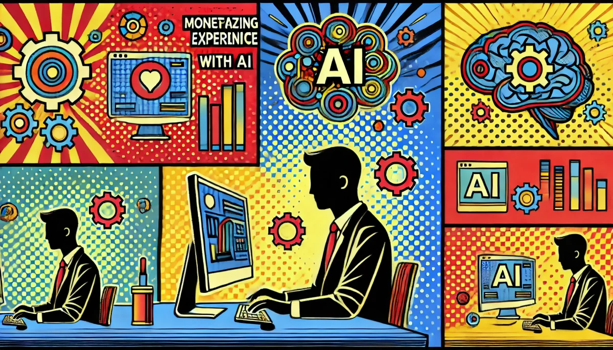 Ilustración de arte pop sobre monetización de experiencia con inteligencia artificial