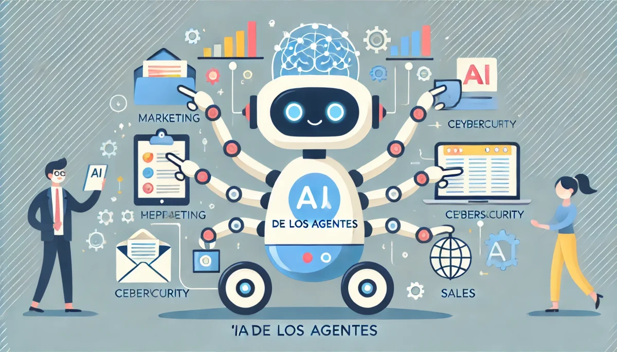 Ilustración de un robot multitarea representando la IA de los agentes en un estilo minimalista y divertido