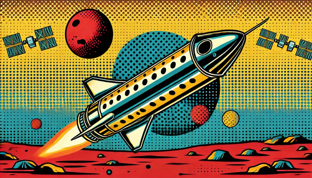 Ilustración estilo pop art de la nave Starship de SpaceX en un fondo marciano vibrante