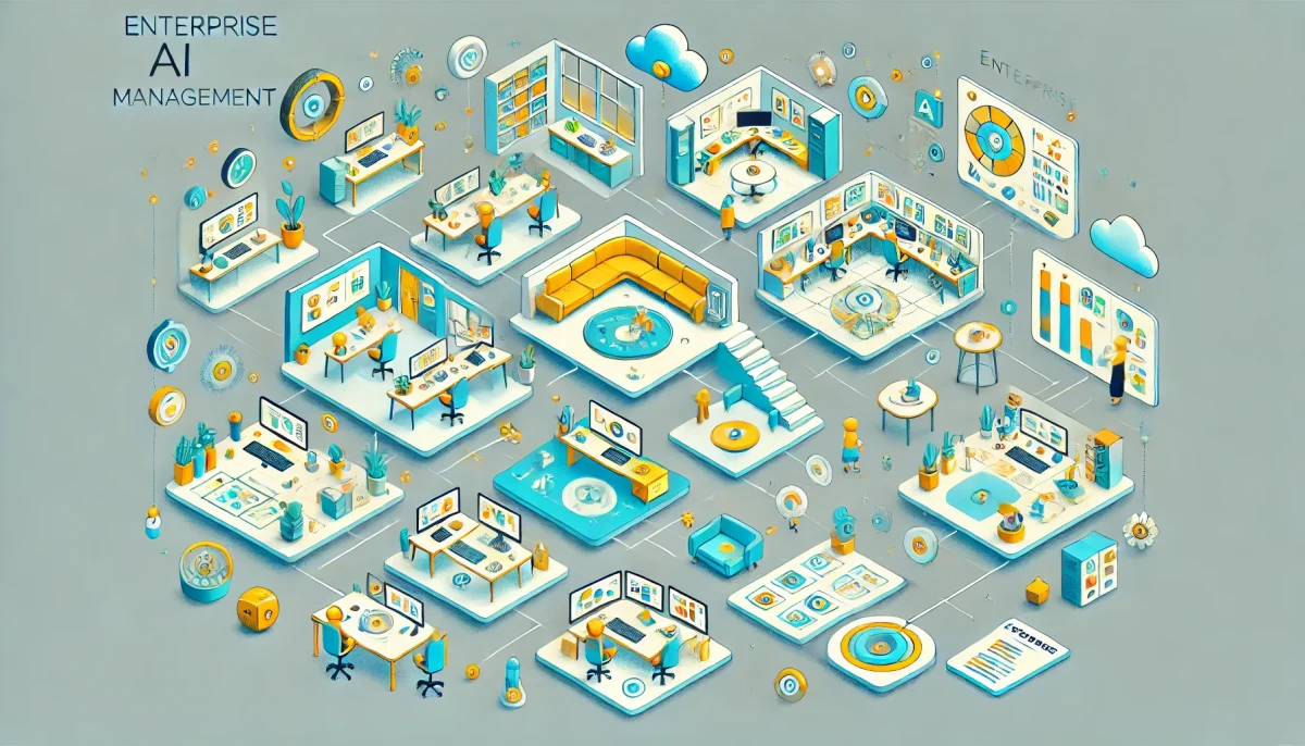 Ilustración minimalista de gestión de inteligencia artificial en empresas con workspaces y robots trabajando en entornos separados