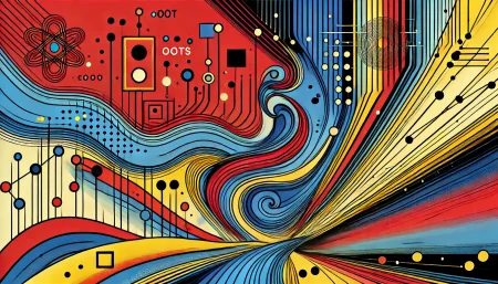 Ilustración minimalista en arte pop de computación cuántica con colores vibrantes y contornos audaces