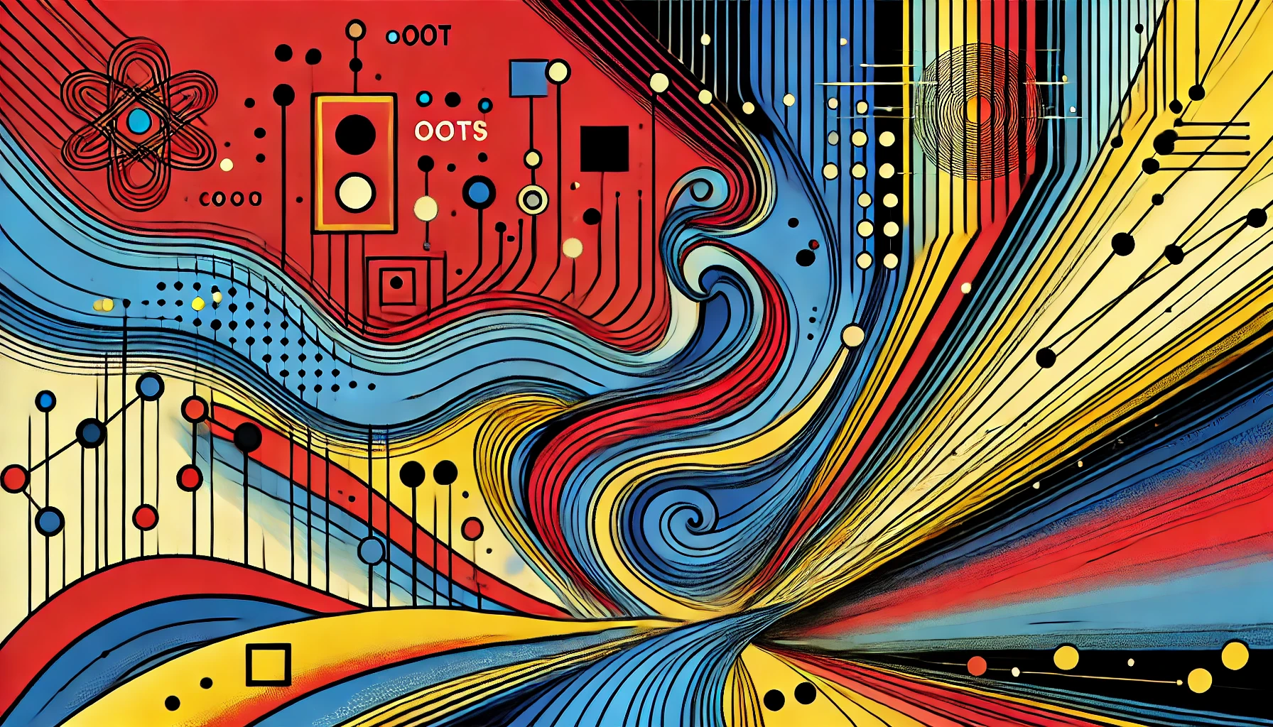 Ilustración minimalista en arte pop de computación cuántica con colores vibrantes y contornos audaces