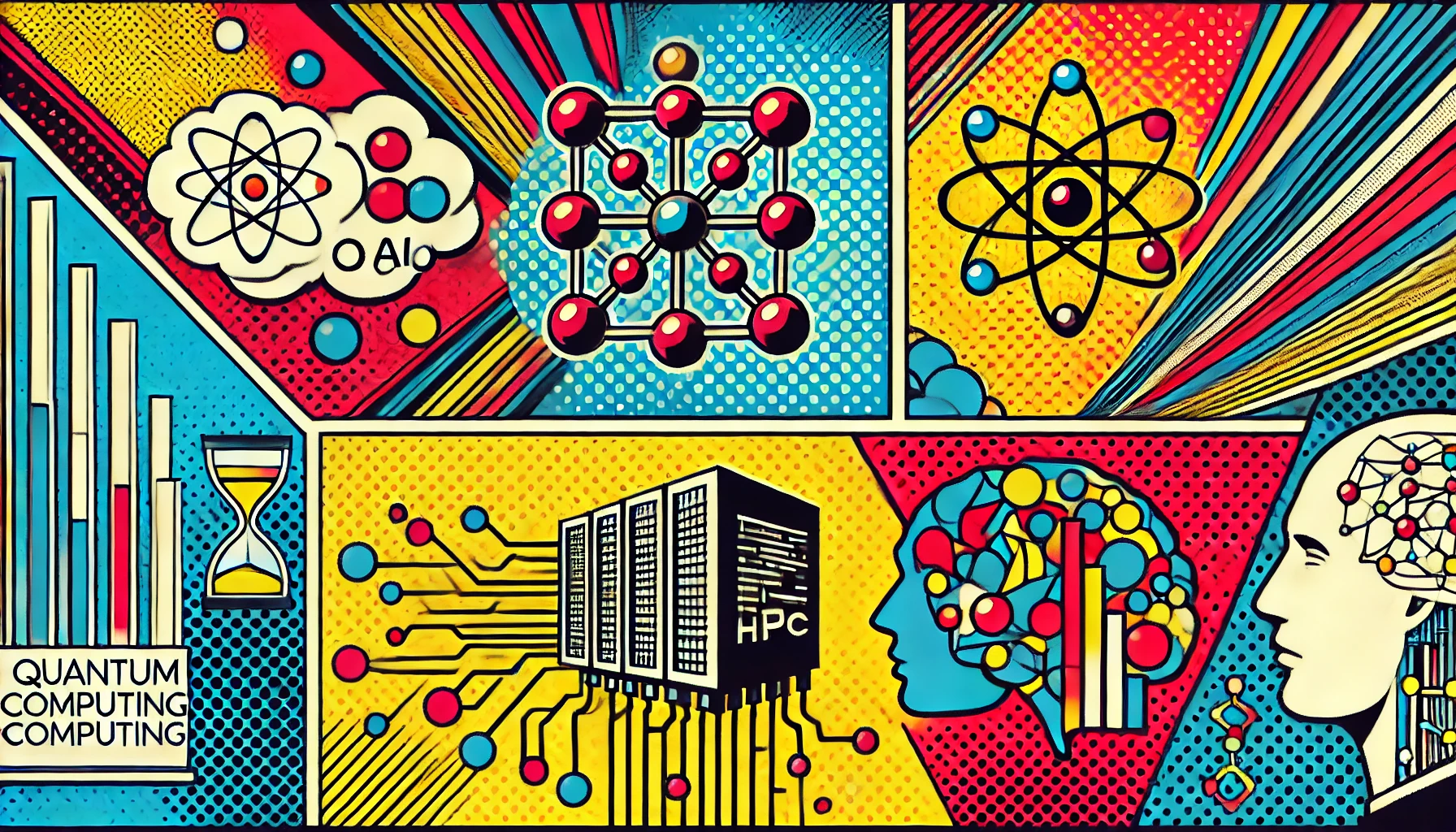 Ilustración pop art de computación cuántica, IA y HPC fusionándose para resolver problemas reales