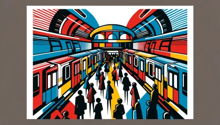 Ilustración pop art del metro de Barcelona con colores vibrantes y estilo minimalista