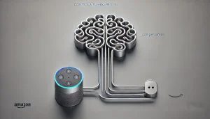 Imagen minimalista de la interfaz cerebro-computadora (BCI) controlando Amazon Alexa con pensamientos