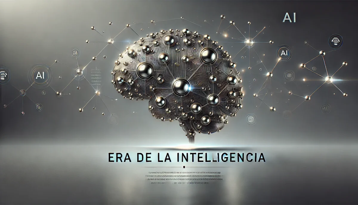 Imagen minimalista metálica sobre el futuro de la inteligencia artificial, con un cerebro estilizado hecho de nodos y líneas conectadas