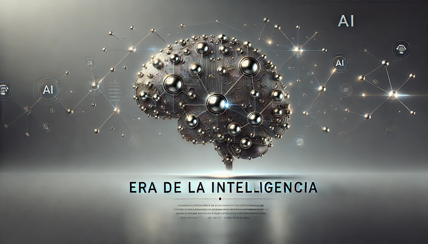 Imagen minimalista metálica sobre el futuro de la inteligencia artificial, con un cerebro estilizado hecho de nodos y líneas conectadas