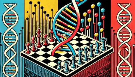 ilustración de computadora de ADN resolviendo ajedrez en estilo pop art vibrante