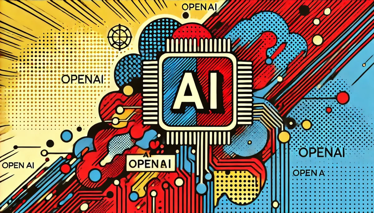 Ilustración estilo arte pop de chipsets de IA de OpenAI con colores vibrantes y contornos audaces.