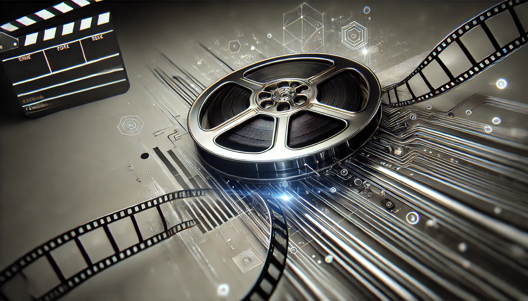 Imagen minimalista y metálica sobre la integración de la IA en la industria del cine con un carrete de película y flujos de datos digitales