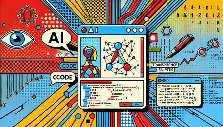 imagen minimalista de arte pop con interfaz de IA futurista y fragmentos de código en colores vibrantes