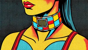 Ilustración de arte pop sobre collar inteligente con sensor de grafeno para reconocimiento de voz silenciosa