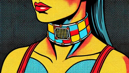 Ilustración de arte pop sobre collar inteligente con sensor de grafeno para reconocimiento de voz silenciosa