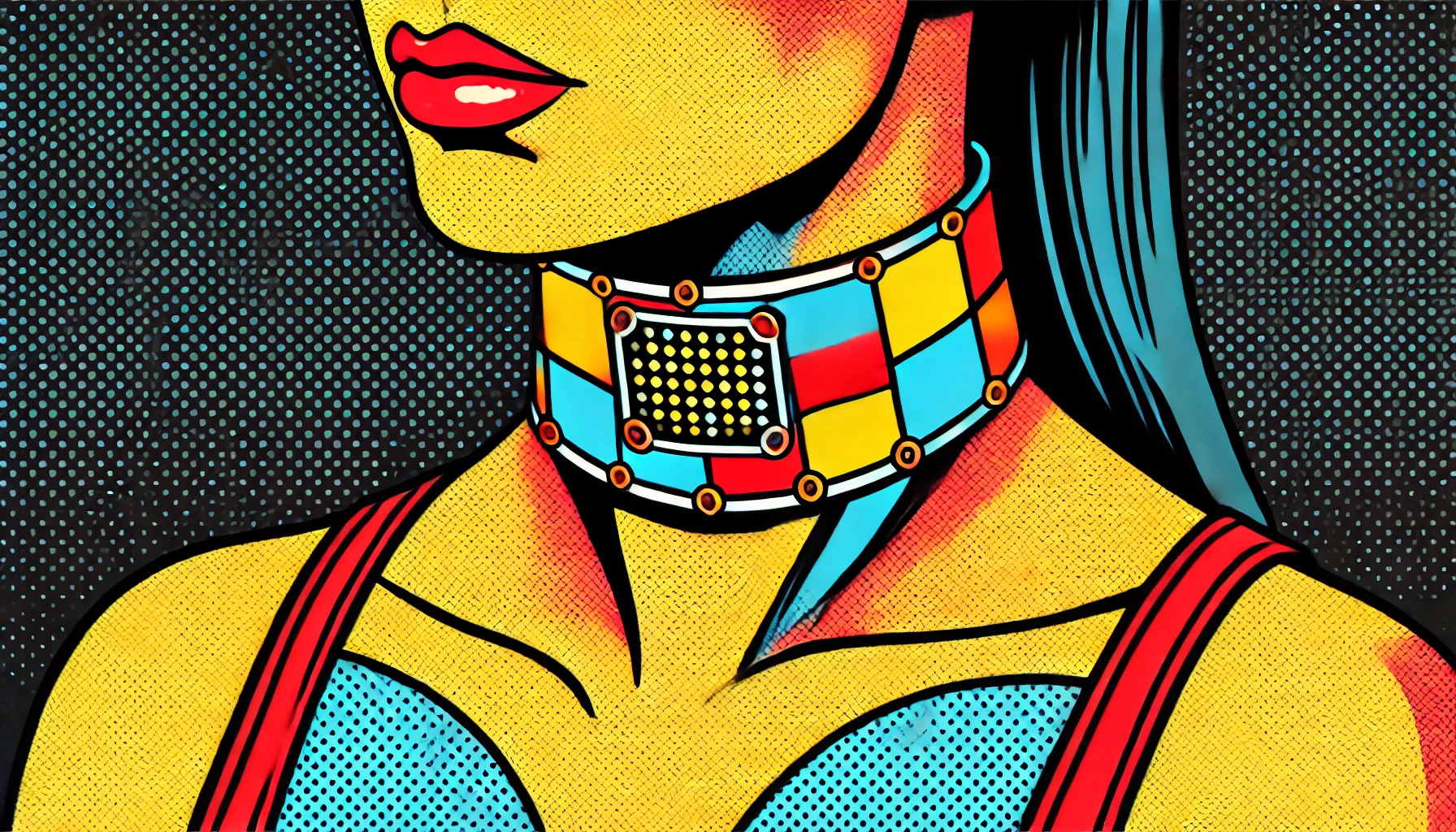 Ilustración de arte pop sobre collar inteligente con sensor de grafeno para reconocimiento de voz silenciosa