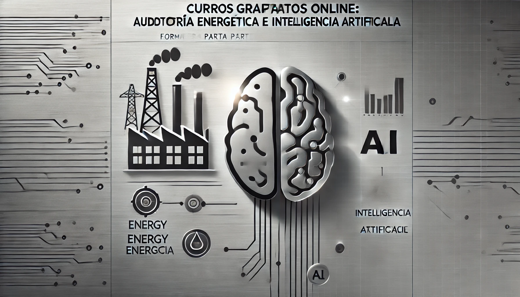 Cursos gratuitos online: Auditoría energética e inteligencia artificial, con íconos minimalistas de industria y cerebro digital sobre fondo metálico