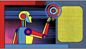 Ilustración minimalista de inteligencia artificial en estilo pop art con colores vibrantes y contornos audaces