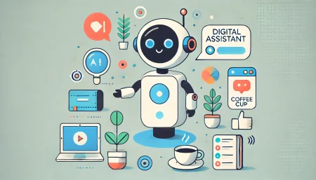 Ilustración minimalista y divertida de un robot asistente digital con objetos cotidianos.