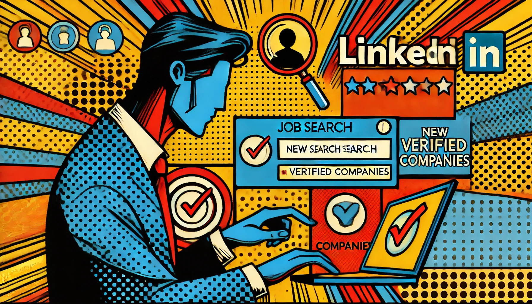 ilustración de búsqueda de empleo en LinkedIn con filtro de empresas verificadas, estilo pop art