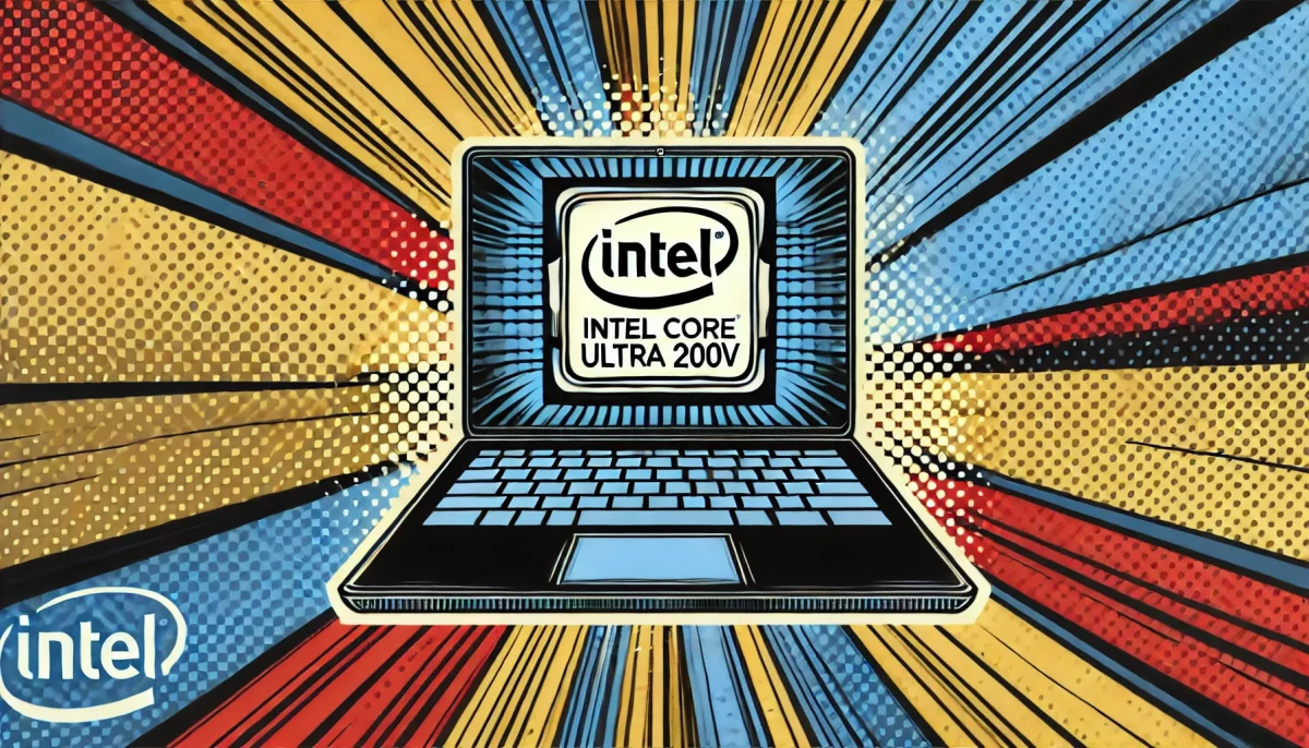 Futuristic laptop illustration with vibrant pop art style highlighting Intel Core Ultra 200V processor.