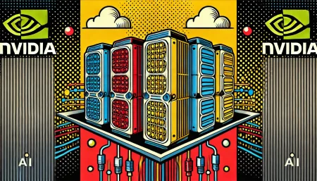 Ilustración minimalista de arte pop de un centro de datos de Nvidia en el futuro