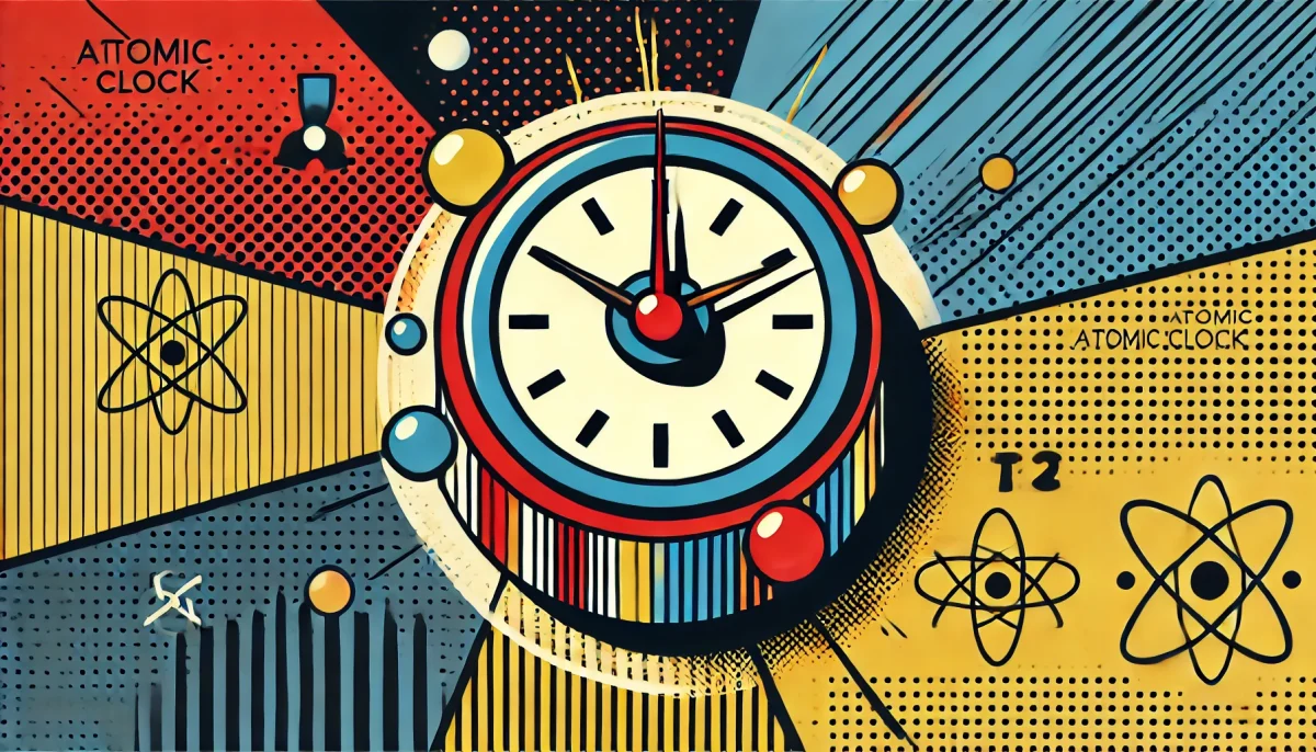 Ilustración en estilo arte pop de un reloj nuclear con colores vibrantes y contrastes intensos