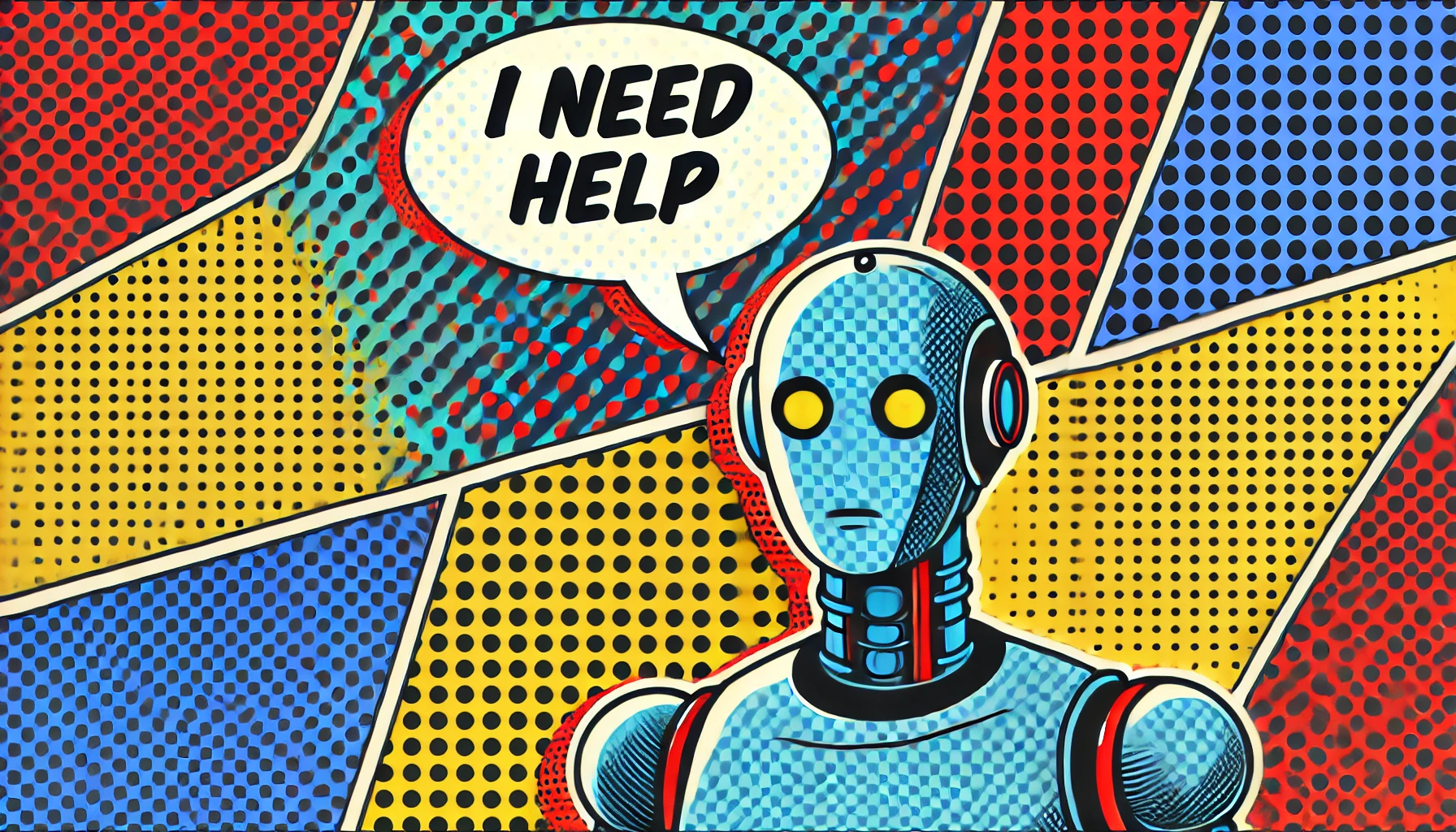 ilustración pop art de un chatbot de inteligencia artificial pidiendo ayuda.