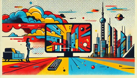 Ilustración pop art de series del futuro con colores vibrantes y estilo de cómic.