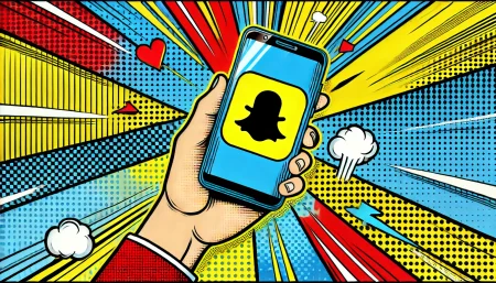 imagen minimalista de arte pop con smartphone y logo de snapchat en colores vibrantes.
