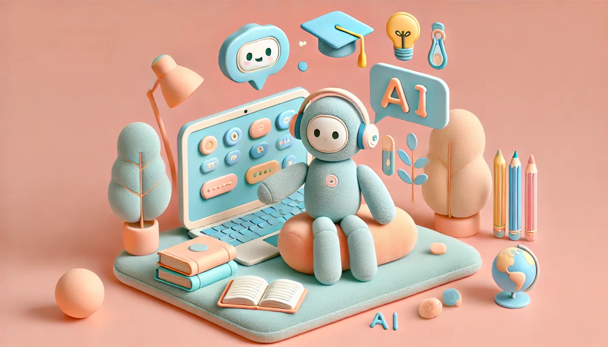 Una ilustración con tonos pastel suaves y textura de peluche que representa un entorno de aprendizaje moderno y personalizado con inteligencia artificial para niños y adolescentes. En la imagen, un personaje amigable de IA interactúa con un estudiante a través de un dispositivo digital, rodeado de libros y símbolos educativos como una bombilla y un birrete de graduación, capturando de forma divertida y acogedora la esencia del aprendizaje digital adaptativo.