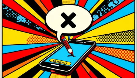 Ilustración pop art de edición de mensajes en redes sociales con colores vibrantes y contornos audaces.