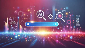 Ilustración colorida y minimalista sobre la integración de inteligencia artificial en la búsqueda en tiempo real