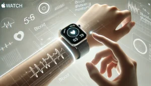 Aquí tienes la imagen que representa los avances de Apple en tecnología de salud, centrada en el monitoreo de glucosa con un Apple Watch.