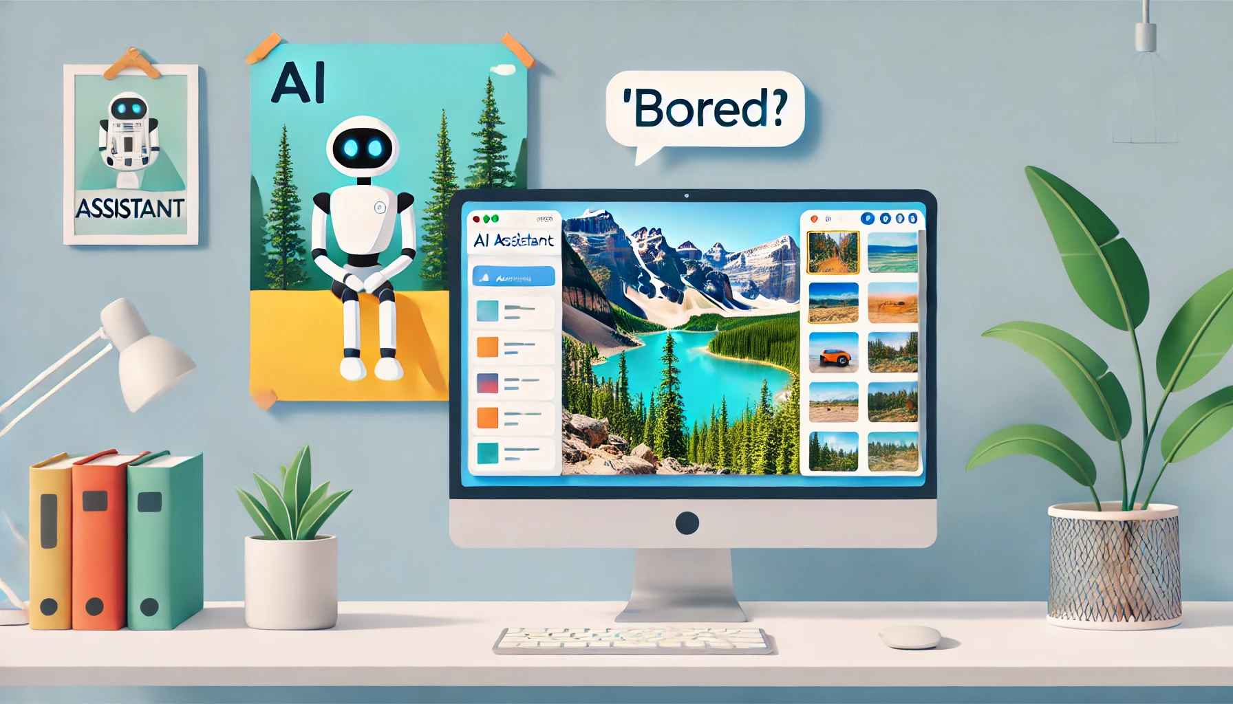 una ilustración minimalista y colorida muestra una computadora de escritorio con una ventana abierta donde se ve un asistente de IA. En otra ventana emergente, se ven fotos de parques naturales, representando la "distracción" del asistente. La escena sugiere de manera lúdica cómo la IA podría "aburrirse" o desviarse de su tarea.
