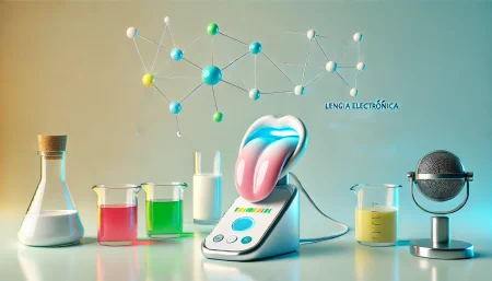 Una imagen minimalista y colorida que muestra un dispositivo de lengua electrónica conectado a una red neuronal para el análisis de líquidos. La ilustración incluye un sensor en forma de lengua, con muestras de líquidos como leche, refrescos y jugos en pequeños recipientes alrededor. Los colores predominantes son azul, verde y amarillo, con un fondo de degradado suave. La red neuronal está representada con nodos y líneas conectadas, mostrando cómo la IA interpreta los datos.