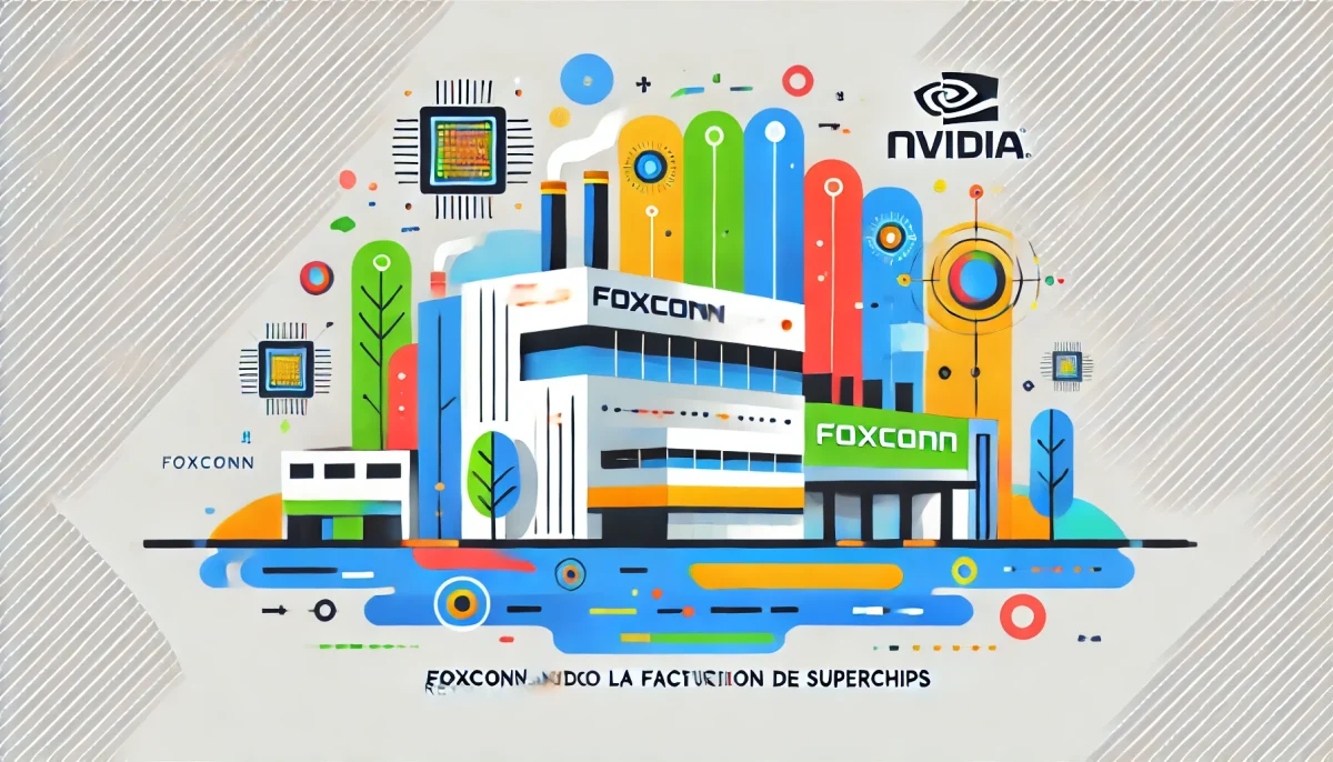 planta de fabricación futurista de Foxconn con elementos tecnológicos que representan superchips